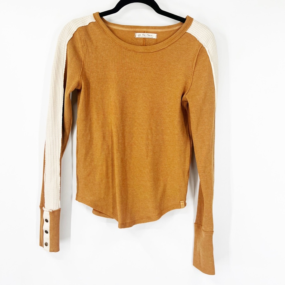 We the Free People Tasha Snaps Button Cuff Color Block Thermal Top Ochre Combo
